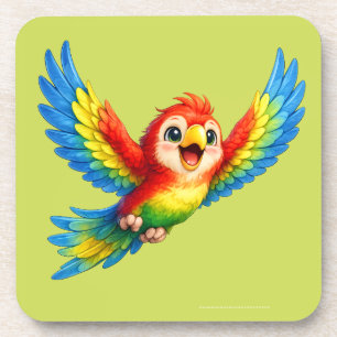 Happy Little Parrot Cartoon Art for Kids and Bird Coaster