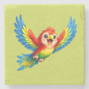 Happy Little Parrot Cartoon Art for Kids and Bird Stone Coaster