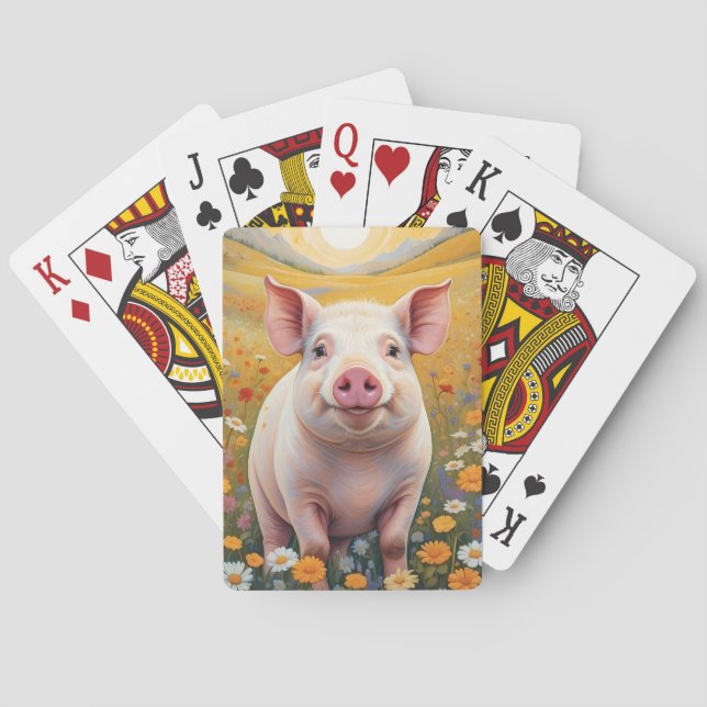 Happy Little Pig Sunny Daisy Field Playing Cards (Back)