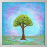 Happy Little Tree Whimsical Landscape Art Blue