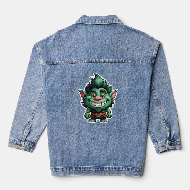 Happy Little Troll Chibi illustration Long Sleeve Denim Jacket (Back)