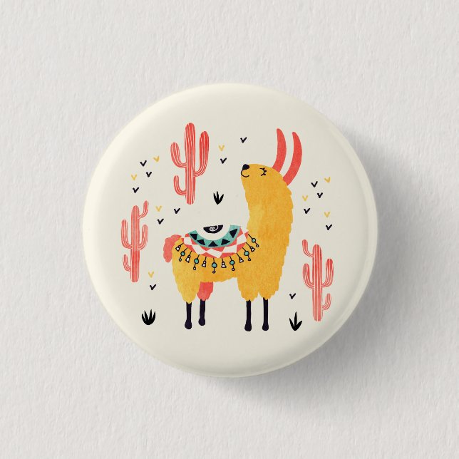 Happy llama with cactus 3 cm round badge (Front)