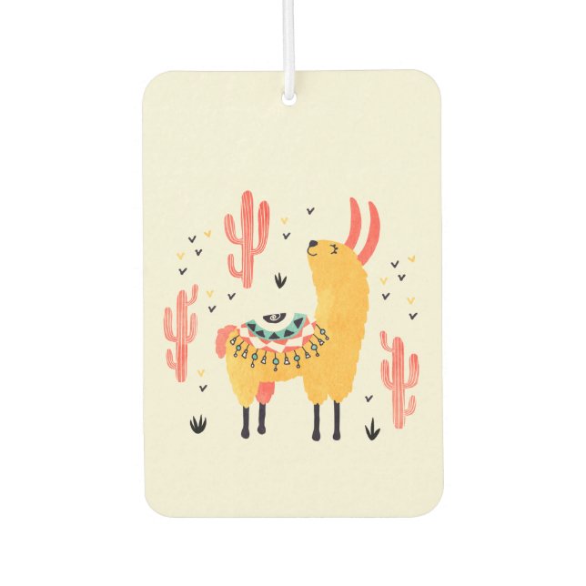 Happy llama with cactus car air freshener (Front)