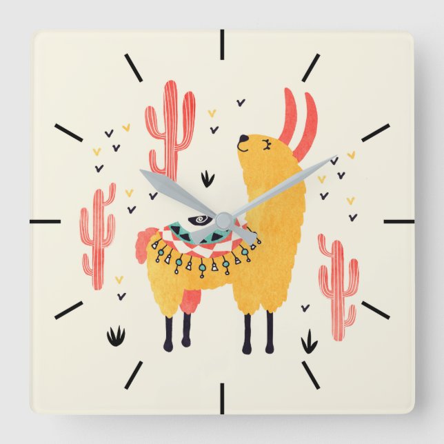 Happy llama with cactus square wall clock (Front)