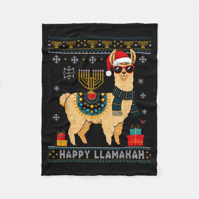 Happy Llamakah Funny Ugly Hanukkah Sweater Llama P Fleece Blanket (Front)