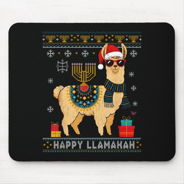Happy Llamakah Funny Ugly Hanukkah Sweater Llama P Mouse Pad (Front)