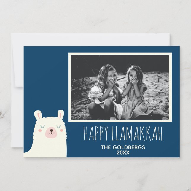 Happy Llamakkah Blue Hanukkah Llama Cute Photo Holiday Card (Front)
