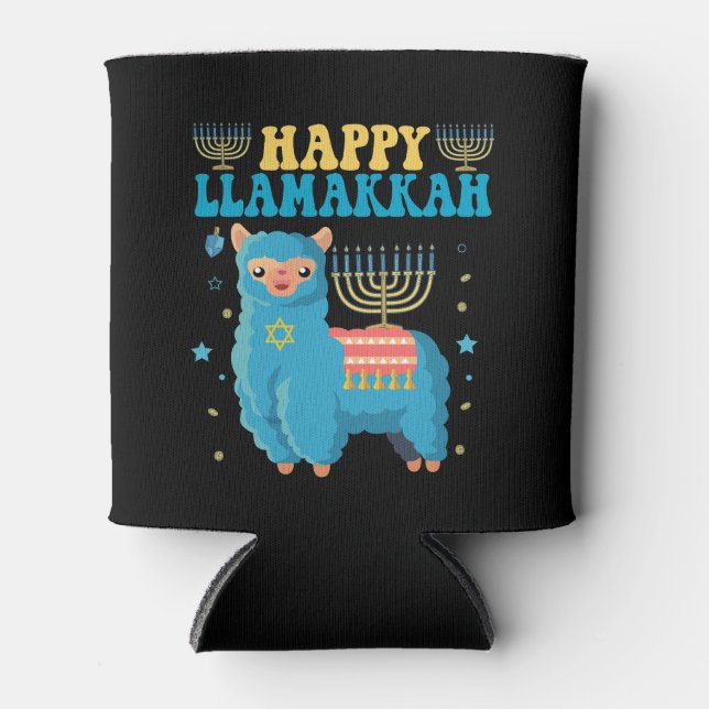 Happy LLamakkah Funny Jewish Alpaca Hanukkah Gift Can Cooler (Front)