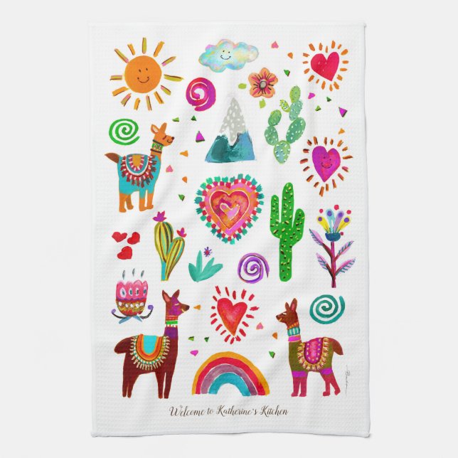 Happy Llamas & Hearts Customisable Kitchen Towels (Vertical)