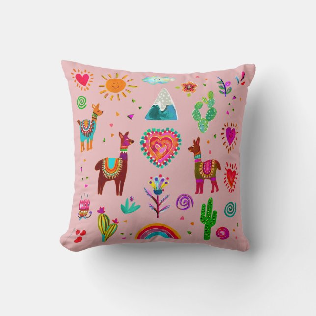 Happy Llamas & Hearts Customisable Throw Pillow (Front)