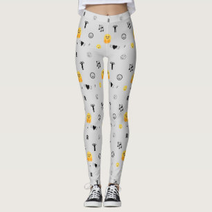 happy, love, smile, music emojis pattern on silver leggings
