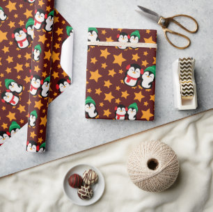 Happy Loving Penguins and Stars Burgundy Seamless Wrapping Paper