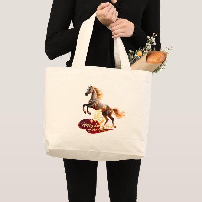 Happy Lunar New Year Majestic Golden Horse  Large Tote Bag (Front (Product))