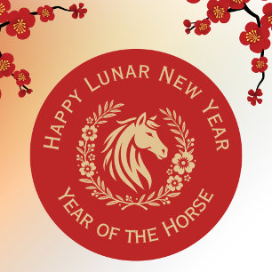 Happy Lunar New Year of the Horse Wreath Flowers Classic Round Sticker