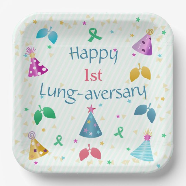 Happy Lung-aversary Green Stripe Party  Paper Plate (Front)