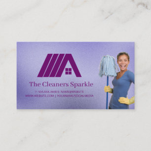 Happy Maid Holding Mop Blue Collar Business Card