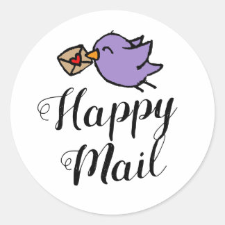 Happy Mail handwritten text cute bird doodle Classic Round Sticker