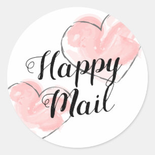 Happy Mail handwritten text soft watercolor heart Classic Round Sticker
