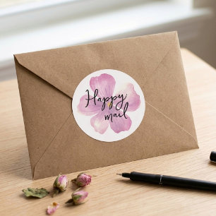 Happy Mail Pink Watercolor Flower Classic Round Sticker