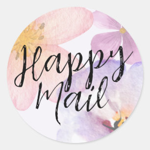 Happy Mail purple watercolor flower Classic Round Sticker
