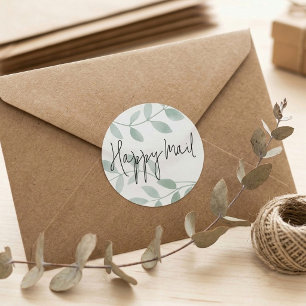 Happy Mail Sage Greenery Watercolor Classic Round Sticker