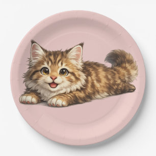 Happy Maine Coon Cat Cosy Positive Vibes Design Paper Plate