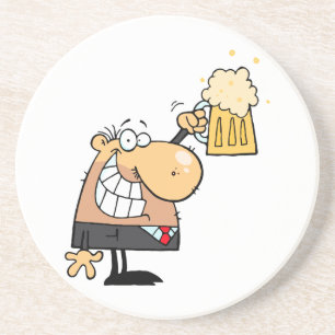 happy man cartoon celebrating with beer coaster