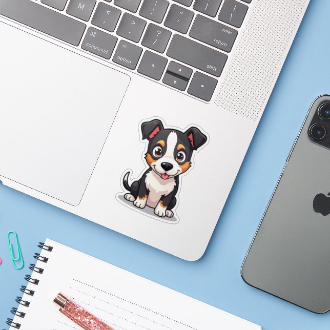 Happy Manchester Terrier Puppy – Chibi Art (Laptop w/ iPhone)