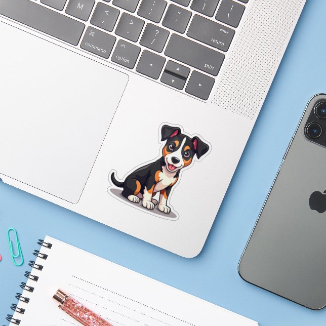Happy Manchester Terrier Puppy – Chibi Art (Laptop w/ iPhone)