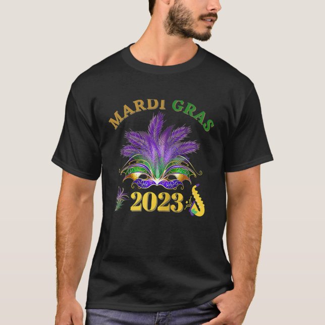 Happy Mardi Gras 2023 Featuring Mask Raglan T-Shirt (Front)