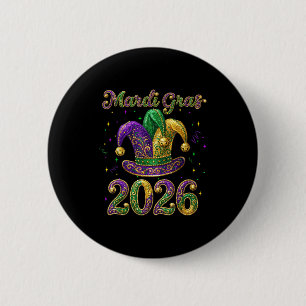 Happy Mardi Gras 2026 Jester Hat New Orleans Men W 6 Cm Round Badge