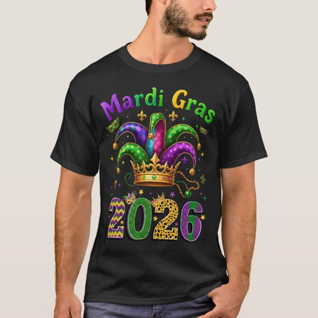 Happy Mardi Gras 2026 Jester Hat T-Shirt (Front)