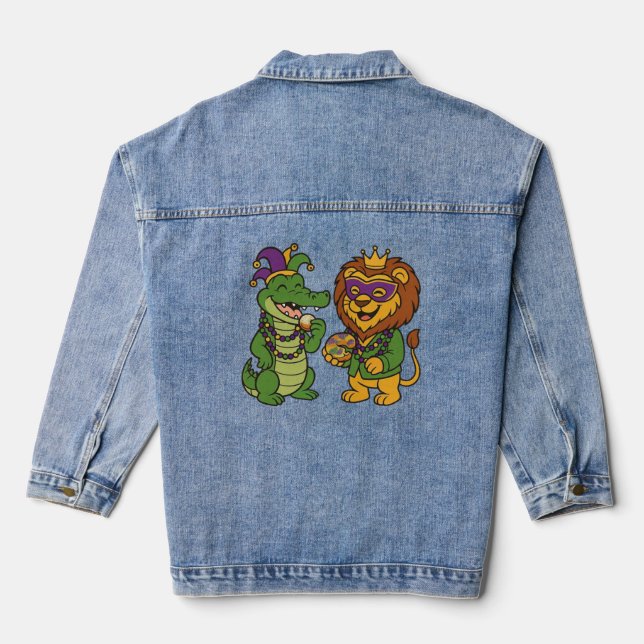 Happy Mardi Gras Alligator & Lion Denim Jacket (Back)