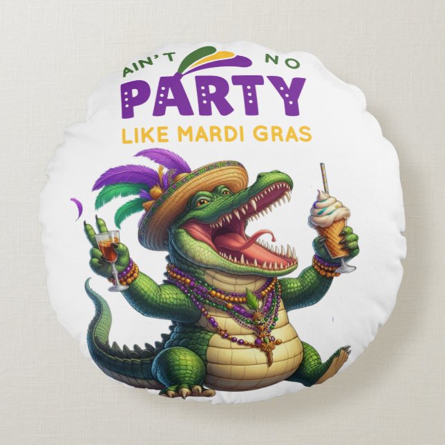 Happy Mardi Gras Alligator Round Cushion (Front)