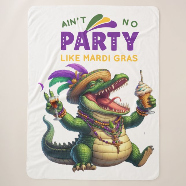Happy Mardi Gras Alligator Sherpa Blanket (Front)