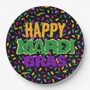 happy mardi gras confetty black paper plate
