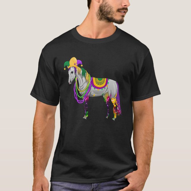 Happy Mardi Gras Cute Horse Wearing Beads Jester H T-Shirt (Front)