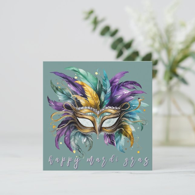 Happy Mardi Gras Feathered Mask in Green Card (Standing Front)