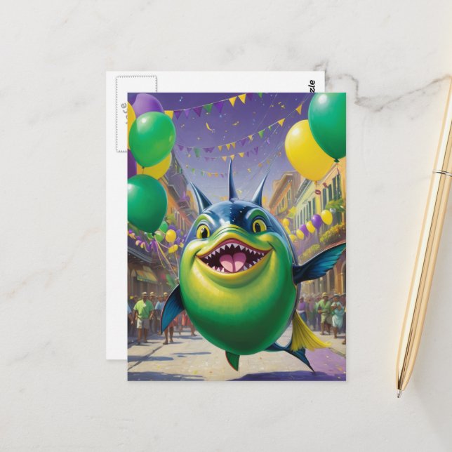 Happy Mardi Gras Fish Postcard (Front/Back In Situ)