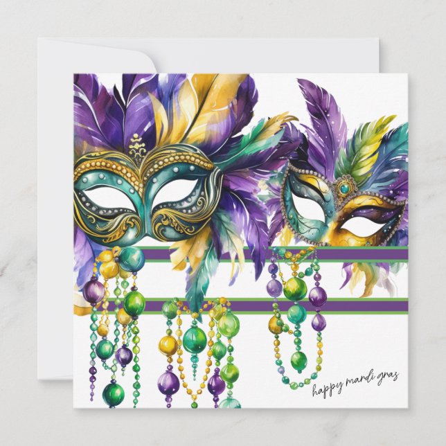 Happy Mardi Gras in Gold, Purple and Green Holiday Card (Front)