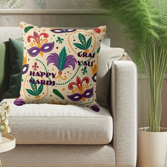 Happy Mardi Gras Y'All Masks Fleur De Lis Beads Cushion (Happy Mardi Gras Y'All Masks Fleur De Lis Beads Throw Pillow)