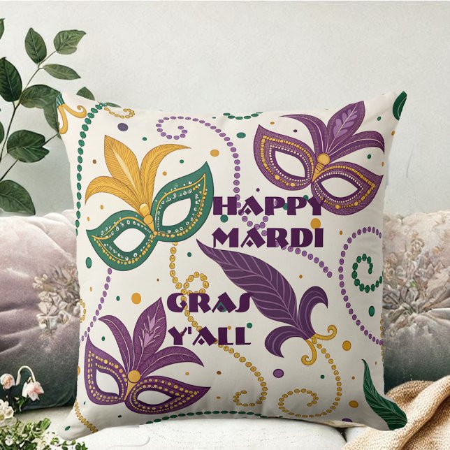 Happy Mardi Gras Y'All Masks Fleur De Lis Beads Cushion (Happy Mardi Gras Y'All Masks Fleur De Lis Beads Throw Pillow)