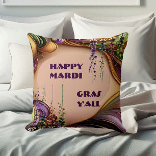 Happy Mardi Gras Y'All Purple Green Gold Colours Cushion
