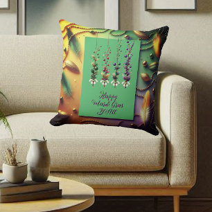 Happy Mardi Gras Y'All Quote Feather Beads Golden Cushion
