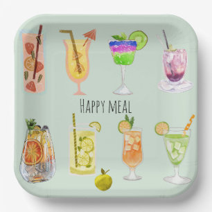 Happy meal cute watercolor cocktail Birthday blue Paper Plate