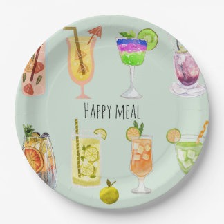 Happy meal Elegant watercolor cocktail Birthday Paper Plate