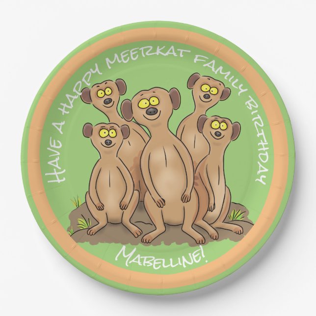 Happy meerkat family birthday cartoon paper plate (Front)