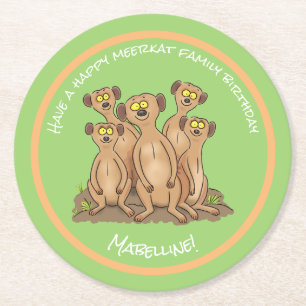Happy meerkat family birthday cartoon round paper coaster