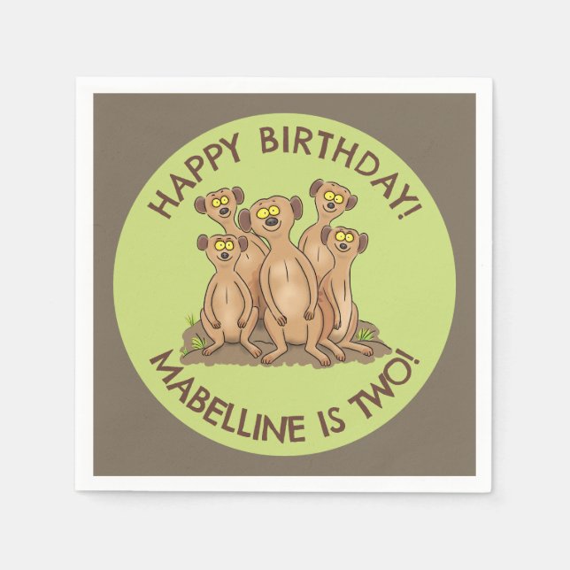 Happy meerkats personalised birthday cartoon napkin (Front)