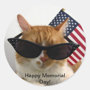Happy Memorial Day Cool Cat with Flag Sticker